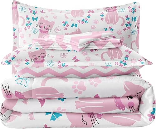 Miniatura 7 de SIRDO Juego de ropa de cama de tamaño individual con diseño de gatos para niños, juego de edredón de animales rosas para decoración de dormitorio de