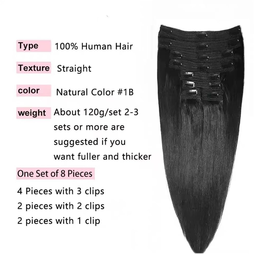 Przedłużanie włosów Ludzkie włosy doczepiane, naturalne czarne jedwabiście proste klipsowe 10-26 cali brazylijskie remy 8 szt. 120G(18inches)