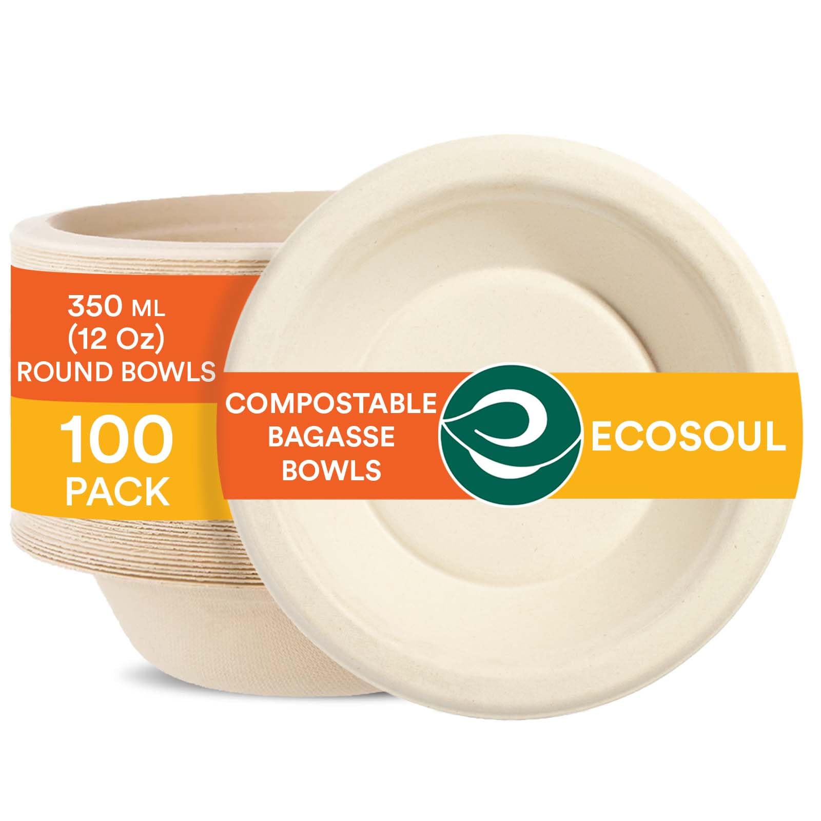 ECO SOUL Disposable Bagasse Bowls 350 Ml (12 Oz), Pack of 100 | Eco-Friendly, Biodegradable Sugarcane Paper Bowls | Round Bowls for Snacks, Dinner, Parties & Events