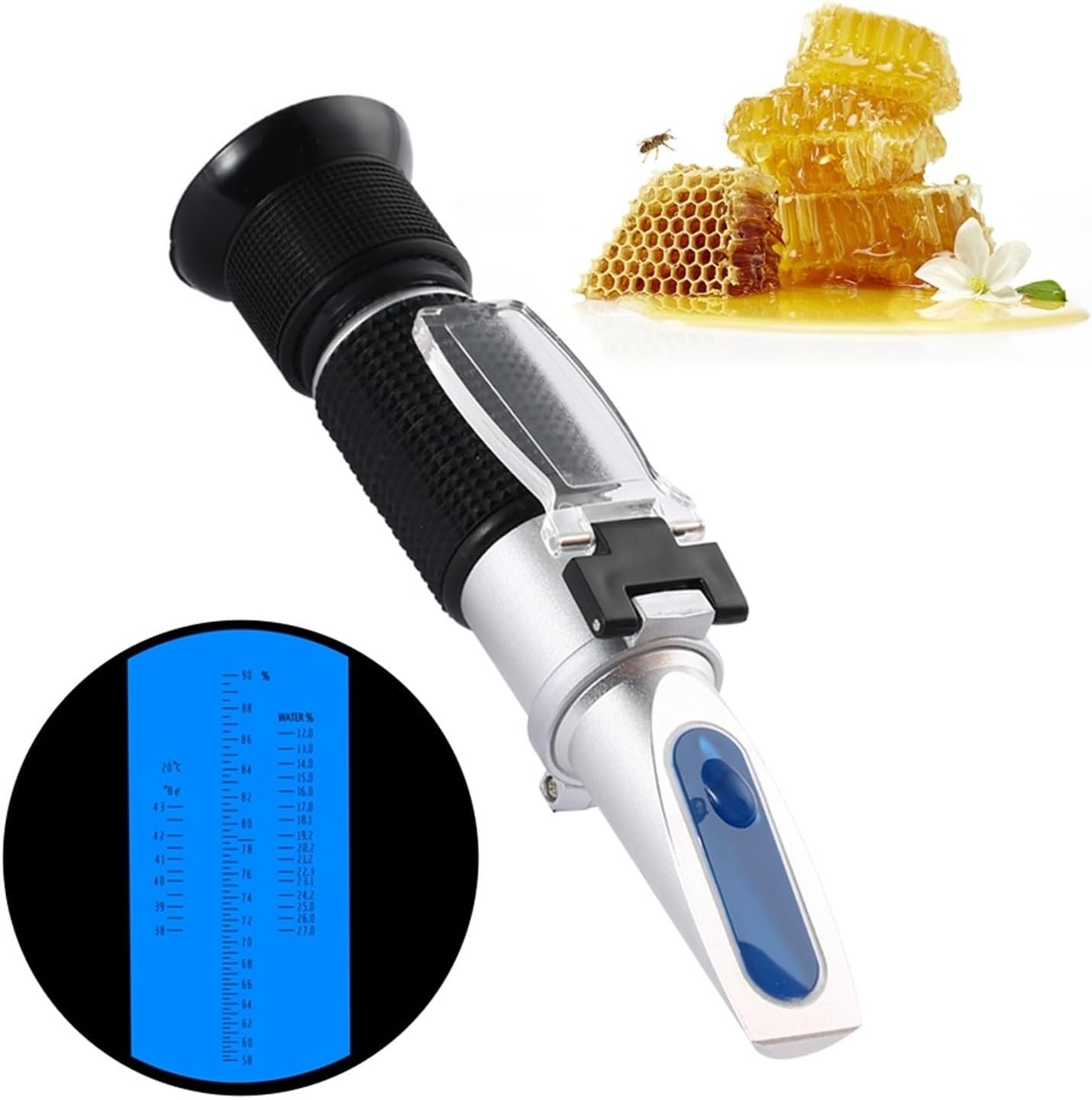 3-in-1 Honey Refractometer & Moisture Tester - 58-90% Brix Sugar Meter, 38-43° Baume, 10-33% Honey Moisture Measurement, Essential Beekeeping Tool with ATC