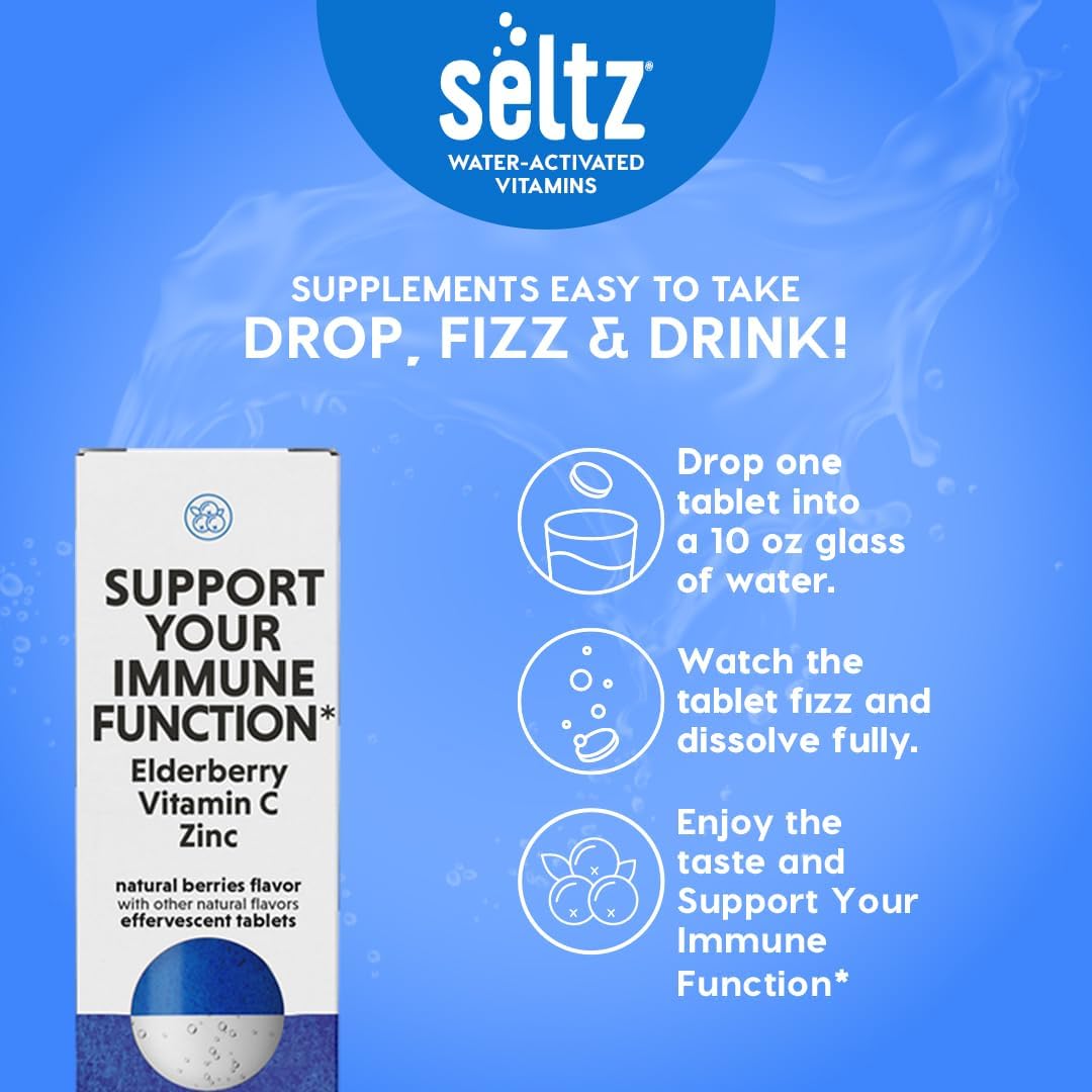Seltz® Support Your Immune Function – Effervescent Vitamins with Vitamin C, Elderberry & Zinc for Daily Immune Support – Berries Flavor, 20 Tablets (Pack of 6)