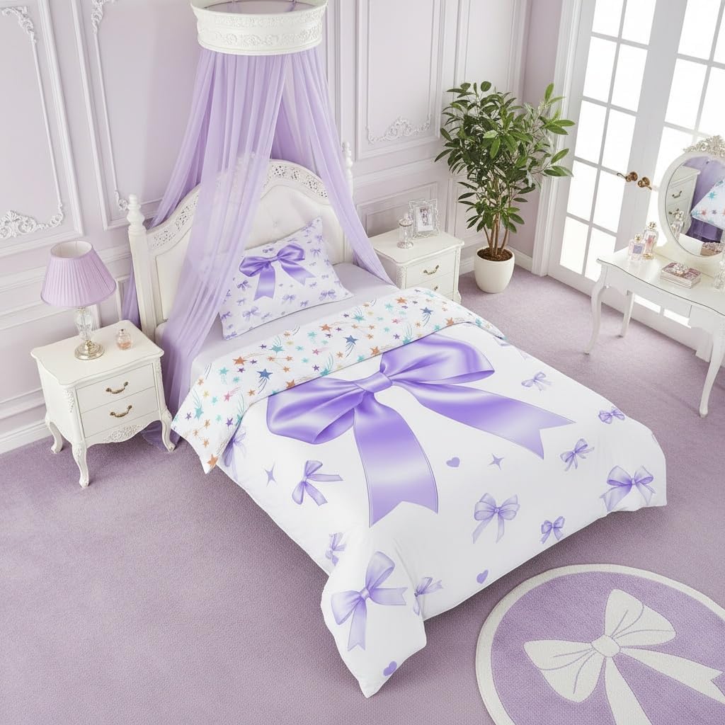 Manfei Twin Comforter Cover,Purple Bowknot Decorations,Cute Preppy Ribbon Bow Duvet Cover for Kids Boys Girls Teens,Preppy Trendy Kawaii Coquette Bedding Set(No Comforter) Bedroom Decor image 2