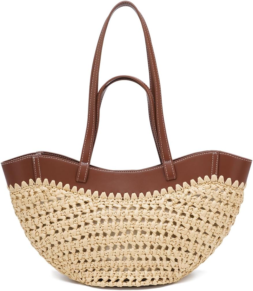 Large Straw Tote Bag for Women, Woven Summer Beach Bag with Leather Trim & Double Straps, Handmade Mesh Boho Shoulder Bag