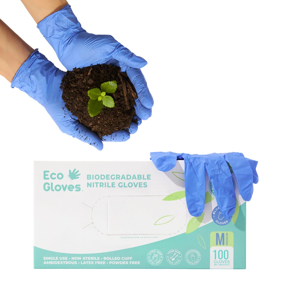 Eco Gloves Guanti monouso in nitrile biodegradabili, senza polvere, senza lattice, cibo, salute, pulizia, 100 pezzi/scatola (media)