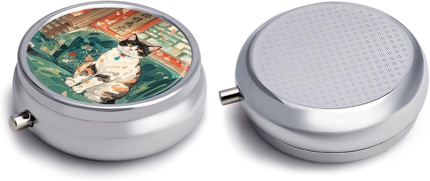 Round Silver Pill Box Small Pill Case for Purse and Pocket 3 Compartment image 3
