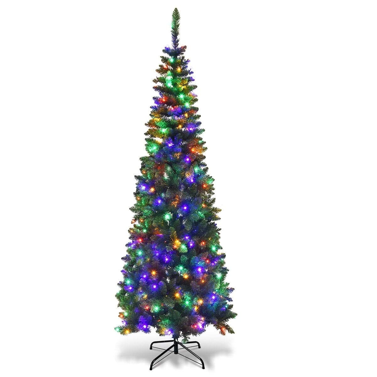 Shatchi 7Ft/2.1M Pre Lit Artificial Slim Christmas Pencil Tree,625 Pointed Tips,230 Multicolour Leds Green