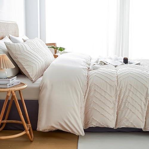 Miniatura 2 de Nayoroom Juego de funda de edredón bohemia, tamaño Queen, color beige, con textura de cheurón, juego de ropa de cama de 3 piezas de microfibra