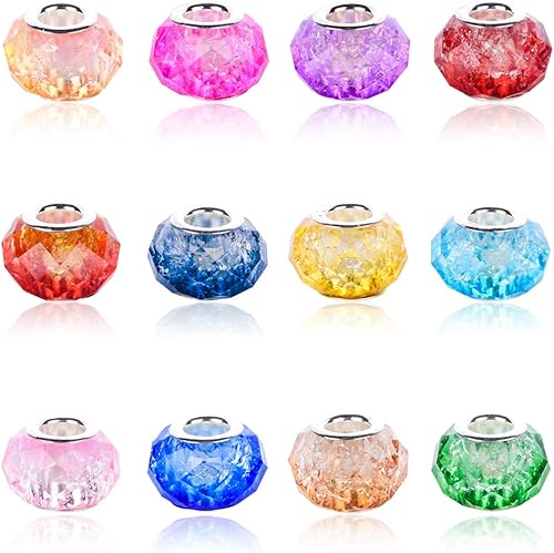 AIPRIDY 100 cuentas de cristal de Murano con agujero grande de 0.551 x 0.354 in, mezcla de colores con núcleo de latón plateado, dijes europeos para