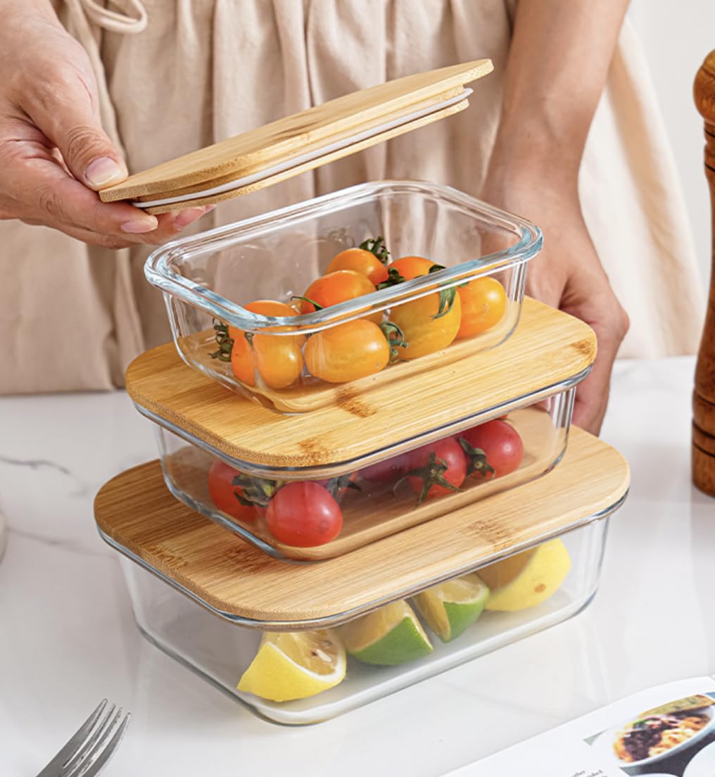 Vellichor Europe Recipientes de vidrio para almacenamiento de alimentos con tapas herméticas de bambú, juego de 3, ecológicos, sin plástico, tamaños versátiles, aptos para microondas y horno,