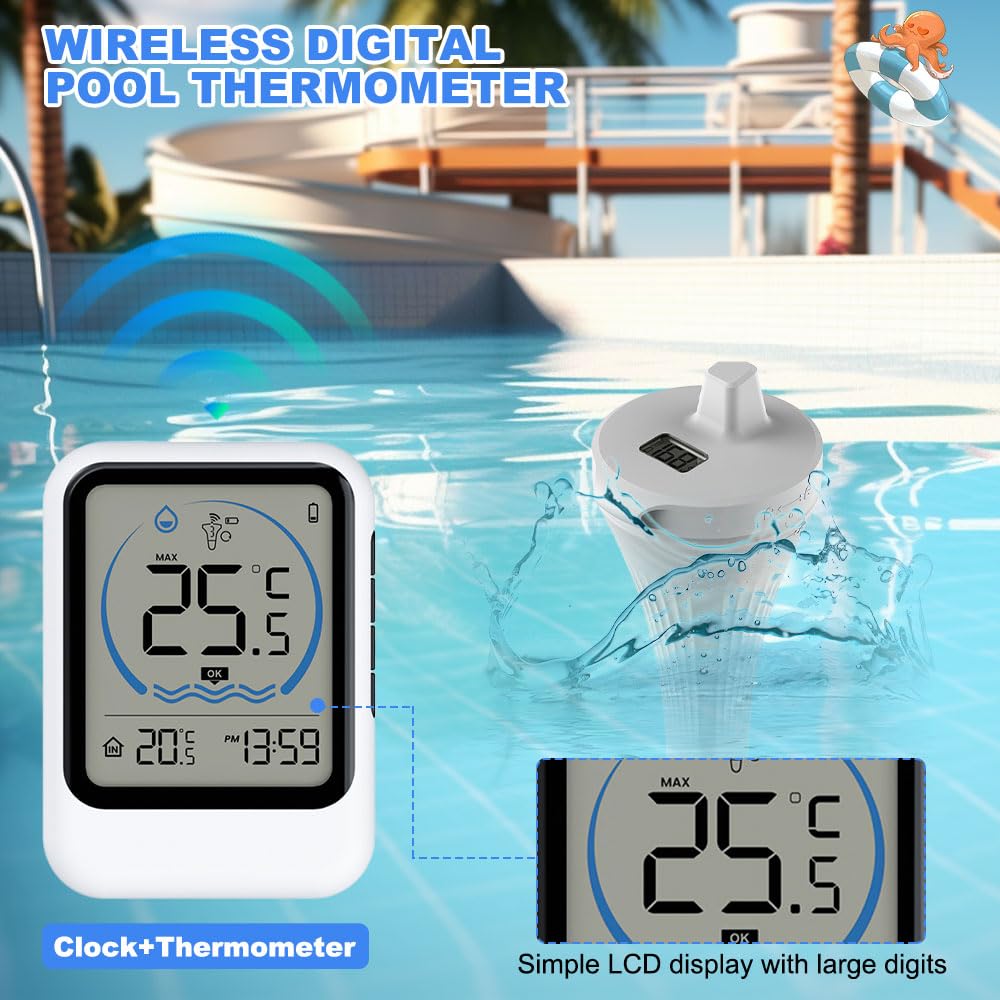 Thermomètre Piscine Sans Fil, Thermomètre de Piscine Flottant avec Capteur Extérieur, Thermomètre Piscine Connecté WiFi pour Spa, Jacuzzi, Baignoire et Étangs (Sans Pile)