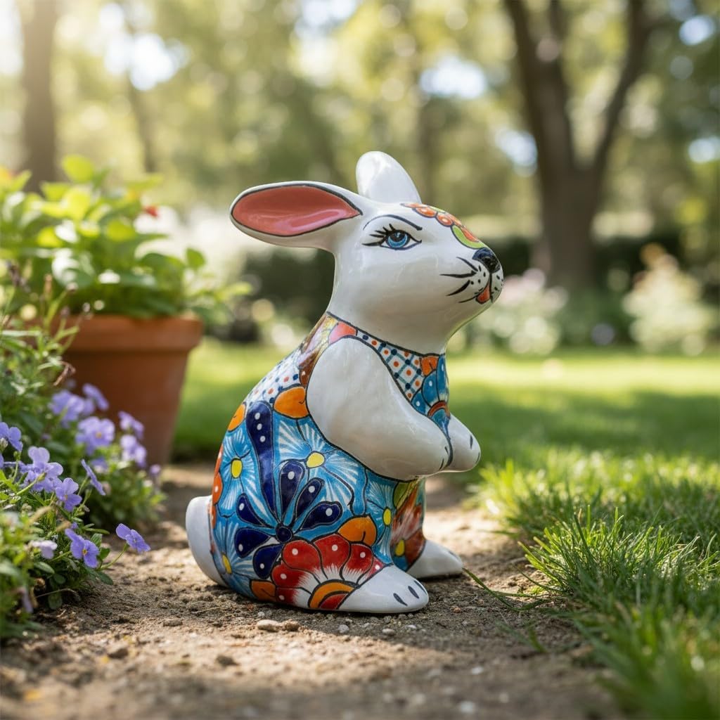 Talavera Bunny Statue | Colorful Hand-Painted Mexican Rabbit Decor