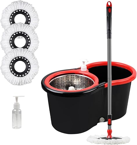 Miniatura 8 de Trapeador giratorio y cubo con juego de escurridor, sistema de cubo giratorio de 360 con 3 cabezales de repuesto de mopa de microfibra, mango