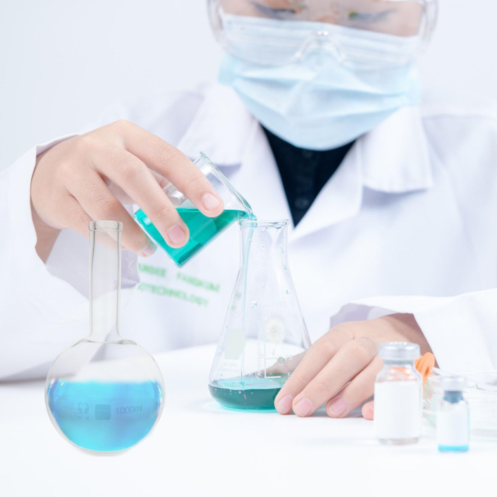 Pallone a Fondo Tondo da 1000 Ml in Vetro Trasparente, Fiaschetta Scientifica per Esperimenti di Laboratorio, Riscaldamento Uniforme per Uso Scolastico e Ricerca Chimica