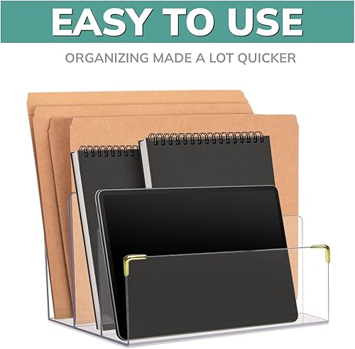 Miniatura 5 de pbf - Soporte de archivo acrílico | Organizador de archivos transparente para escritorio con detalles dorados | Organizador de escritorio acrílico,