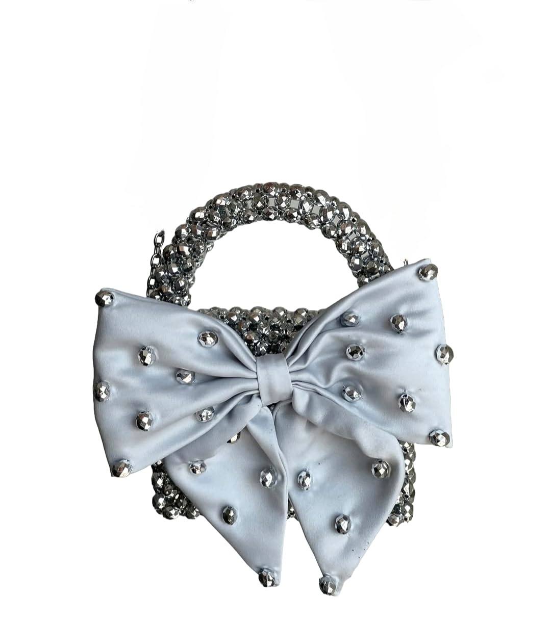 Crystal Rhinestone Evening Handbag with Bow, Silver Chain Strap, Grey Satin bow, party wedding anniversary and gift solving, Gift Item for women and girls-image-47