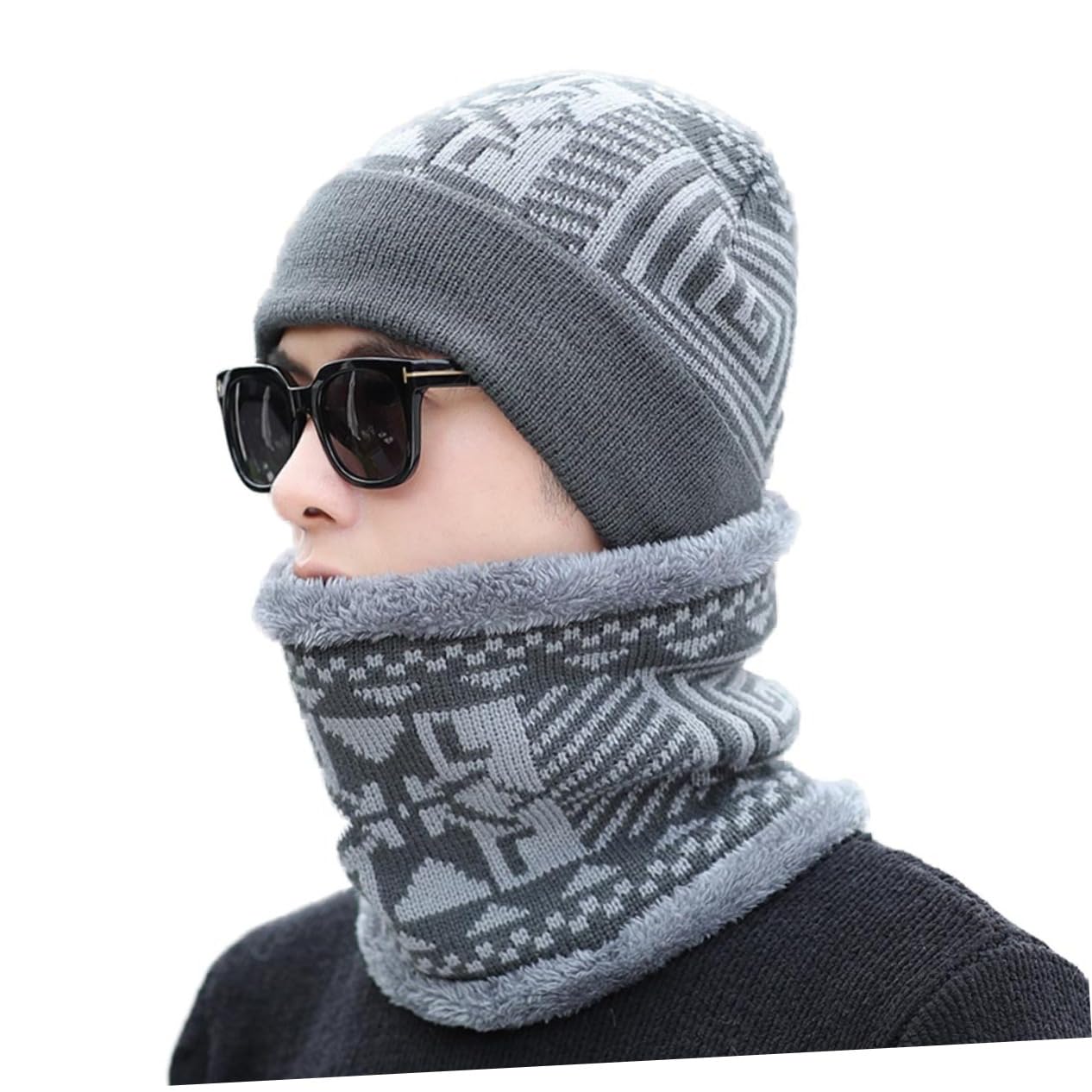 WOFASHPURET Warm Knitted Scarf Hat Set Men's Winter Beanie Neck Gaiter Full Coverage for Cold Weather Grey