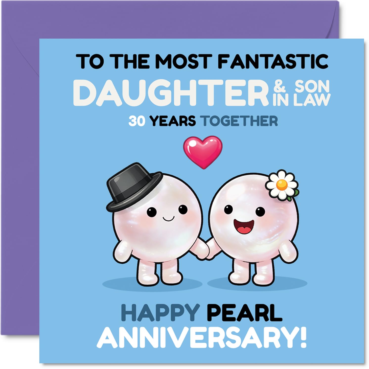 Cute 30th Anniversary Card for Daughter & Son in Law - Pearl Anniversary Giggles - Adorable Pearls Holding Hands on a Cheerful Backdrop - 145mm Square, Envelope Included