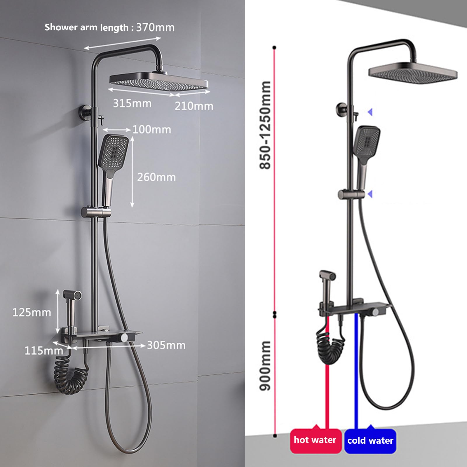 Sistema Doccia a Vista, Set di rubinetti per Bagno Grigio, soffione Regolabile in Altezza con soffione, doccetta per Vasca a Cascata e doccetta per Bidet