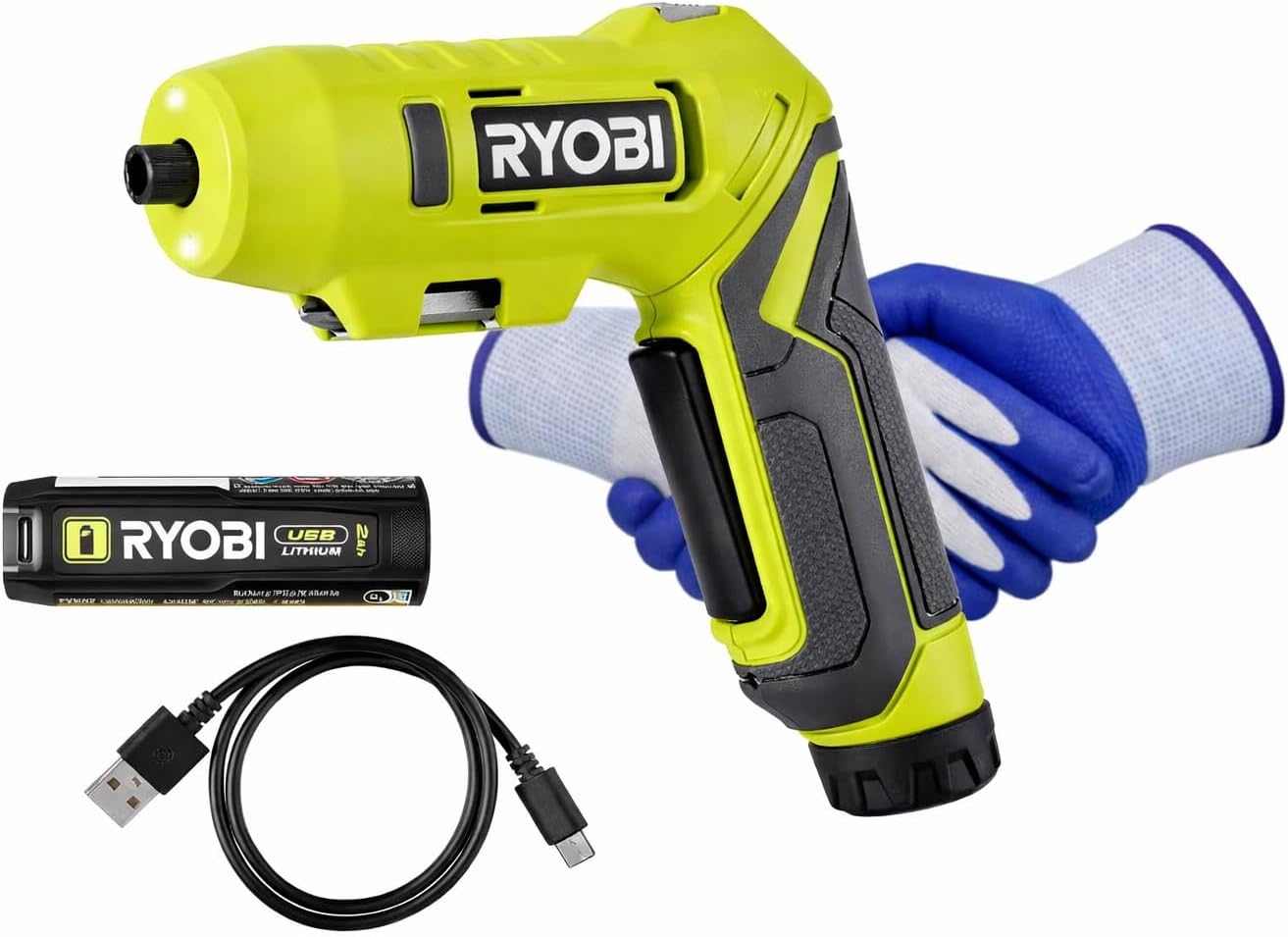 RYOBI USB Lithium Pivot Screwdriver Kit 4V Cordless Electric Driver 1/4 in Hex 2.0Ah Battery Charger Cable Gloves FVD50K