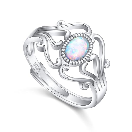 FLYOW Adjustable White Created Opal Rings for Women Girls 925 Sterling Silver Victorian Style Rope Ring Christmas Gifts Classical Magic Mirror Rings Size 9