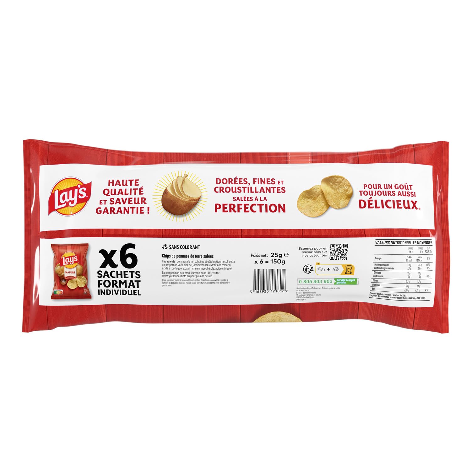 LAY'S Chips Nature - Lot de 6 sachets de 25g - Chips croustillantes au goût authentique pour vos moments de partage - Lot de 6