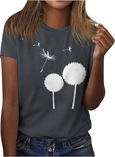 Camisas de verano con estampado lindo de manga corta Cashual con cuello redondo hombros delanteros vintage sueltas