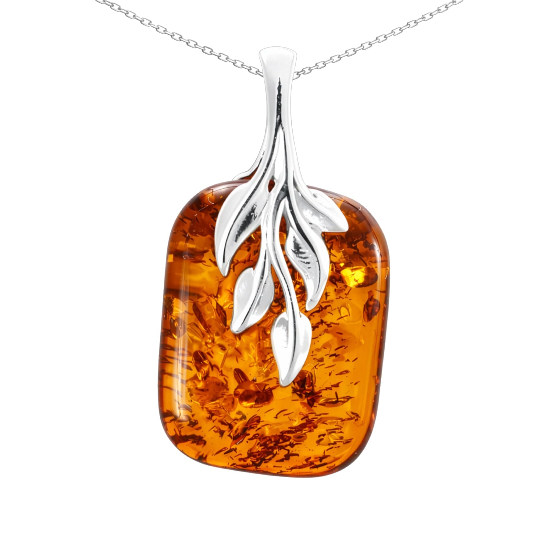 HolidayGiftShops Amber Jewelry for Women - GIA Certified Sterling Silver and Baltic Honey Amber Pendant Fern, Includes 925 Sterling Silver Chain -