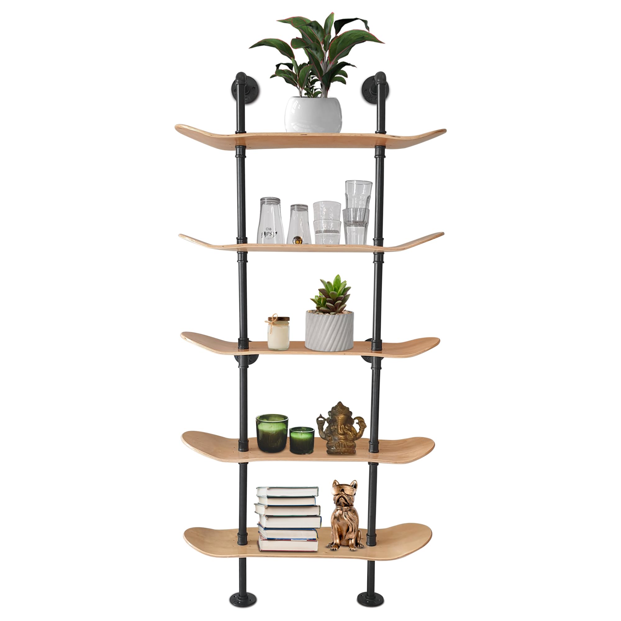 Estantes industriales – Estantería de tubería de decoración industrial de 5 niveles con cubiertas de patineta de 7 capas – Acabado de madera natural – Decoración de pared de baño, muebles de sala de 8