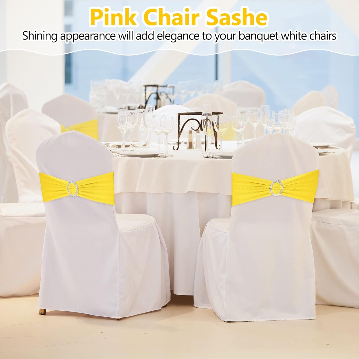 Tegeme 80 Pieces Chair Sashes & Bows - Stretch Spandex Chair Cover Band with Buckle for Wedding, Hotel Banquet, Birthday Party & Home Bulk Decorations(Lemon Yellow)