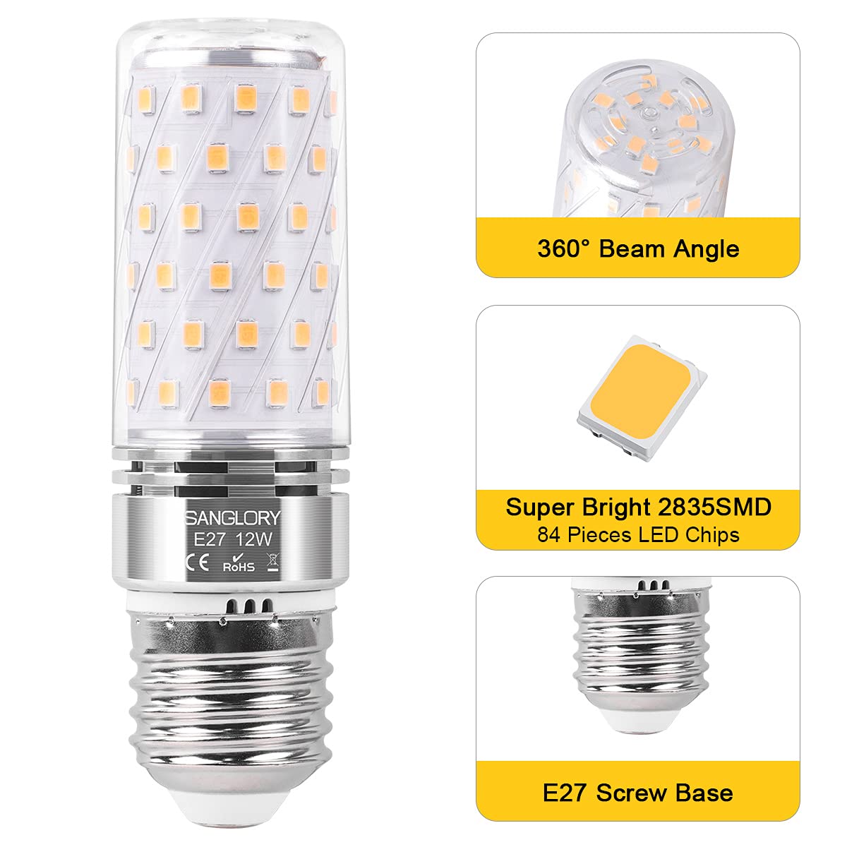 SanGlory Lampadine LED E27 Luce Calda, 12W equivalente a 100W Incandescenza, Bianco Calda 2700K Lampadina Mais E27, Non Dimmerabile Nessun Sfarfallio Risparmio Energetico Lampade, Pacco da 4