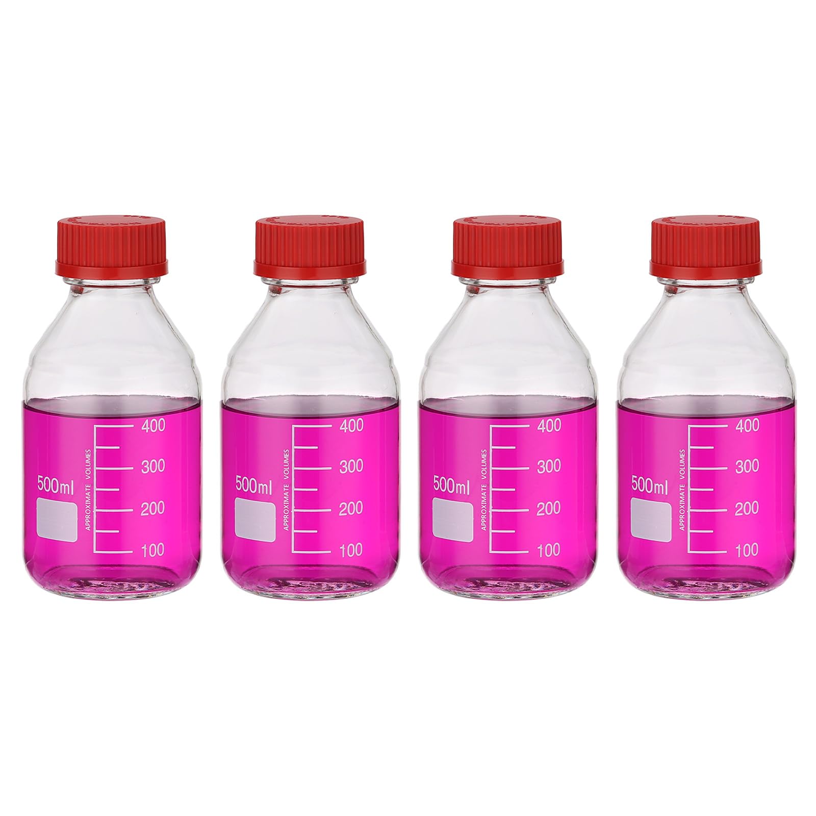 PATIKIL 4 Flacons De Stockage De Milieu Réactif, 500ml Bouteilles Graduées En Verre Borosilicaté Avec Bouchon À Vis Rouge GL32 Pour Liquides Réactifs De Laboratoire, Transparent