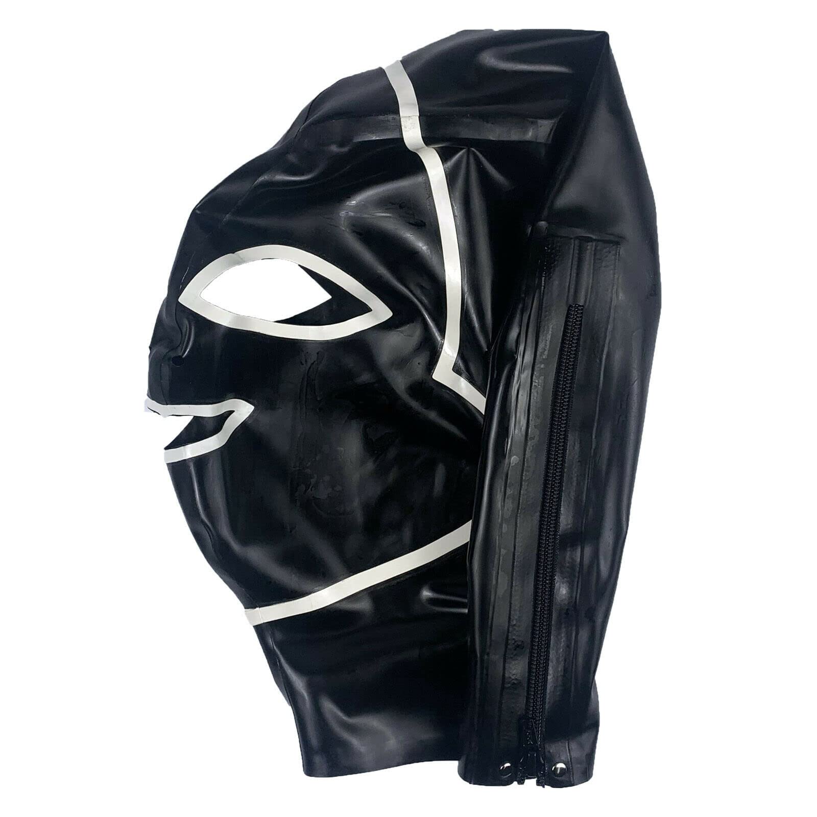 Sexy Latex Tête Couverture Noir Latex TêteMasque Cagoule en Latex, Yeux exposés Bouche exposée pour Le Jeu de rôle Party Club Wear, Fermeture éclair Ouverte