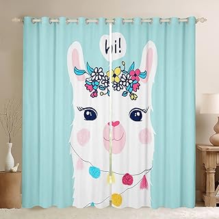 Feelyou Girls Cute Llama Curtain for Bedroom Living Room Cartoon Llama Alpaca Blackout Drapes (30-50%) Daughter Teal Lovely Animal Decor Drakening Window Curtains Treatments (2 Panels, 38 x 54 Inch)