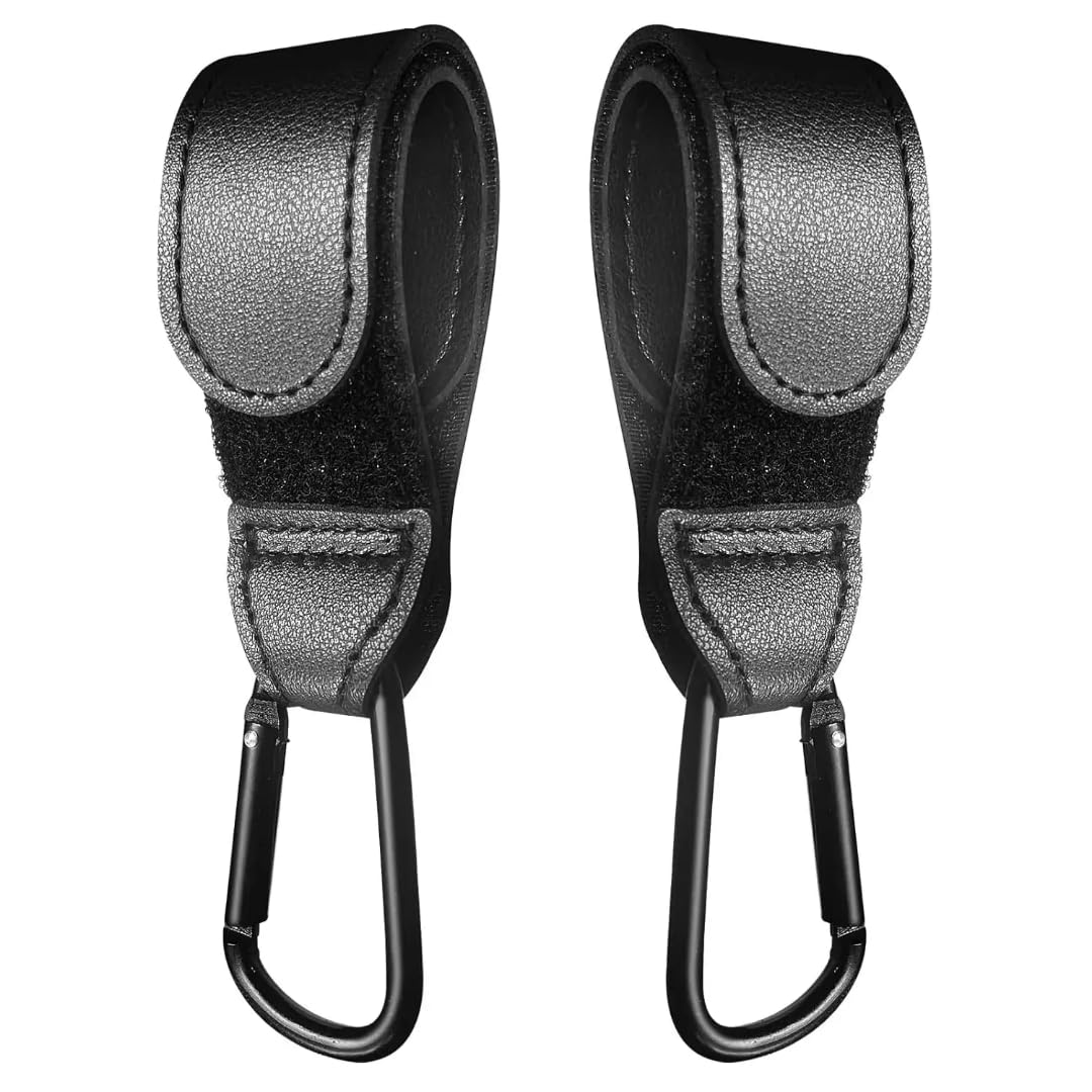 TraveEssentialz 2 pc Stroller Hook for Multipurpose Use | PU Leather Hook for Bags Hanging | Travel Essential Item (Black)