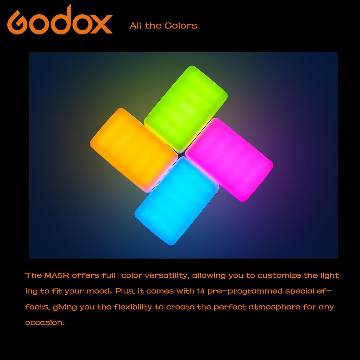 Godox MA5R Lampe Vidéo LED RGB 2-en-1 avec Recharge Magnétique, CCT 1800K-10000K, 14 Effets Lumineux, Lumière de Remplissage Selfie en Couleur Complète, Compatible avec le Contrôle NFC via APP (Blanc)