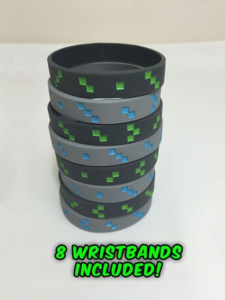 Miner Style Pixel Wristbands (Set of 8) - 4 Diamond and 4 Emerald - Light Gray with Blue and Dark Gray with Green - One Size Fits Most - Silicone Bracelets
