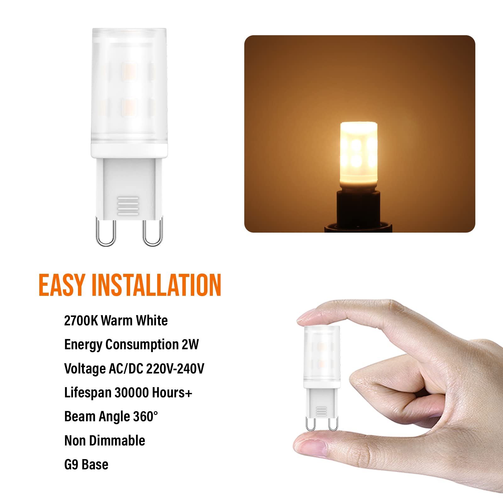 RuLEDne LED G9 Bulbs 2W Equivalent to Halogen Bulbs 20W 25W 28W (G9 2700K 10 Pcs) - Image 2