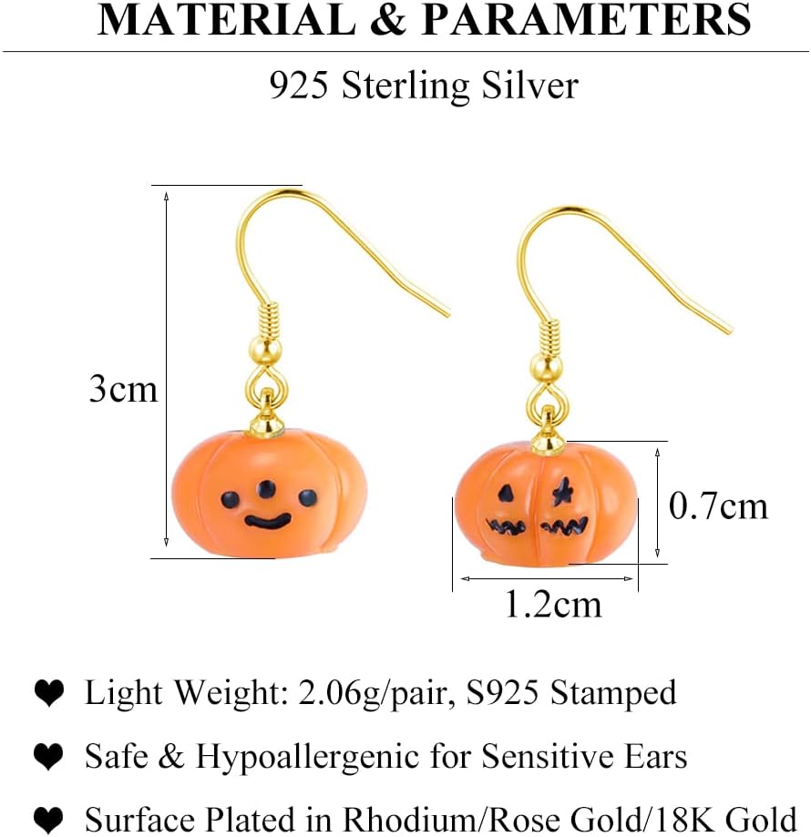SLUYNZ Solid 925 Sterling Silver Halloween Earrings Pumpkin for Women Teens Fun Pumpkin Drop Earrings Hook - Image 7