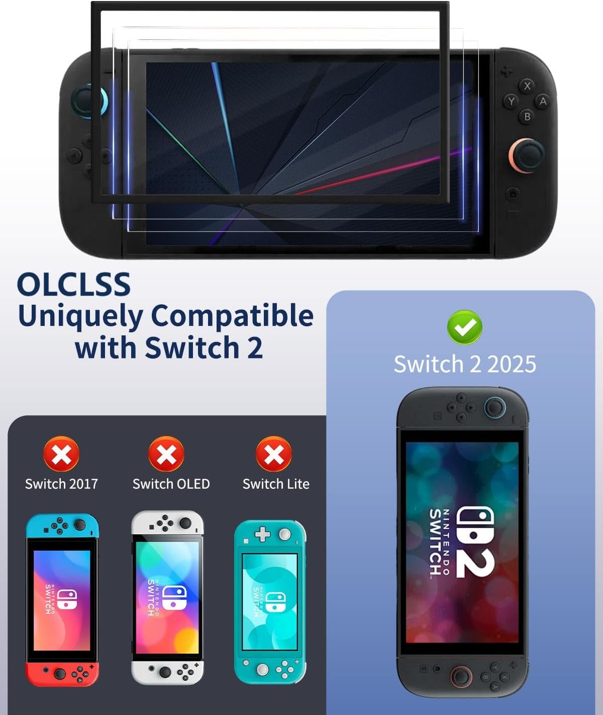 Screen Protector for Switch 2 , OLCLSS Glass Screen Protector for Nintendo Switch 2 with Anti-Scratch Anti-Fingerprint Blue Light Filter , Tempered Glass Protector for Switch 2 2X Stronger with Dust Plugs and Thumb Grip Caps Set - Image 2