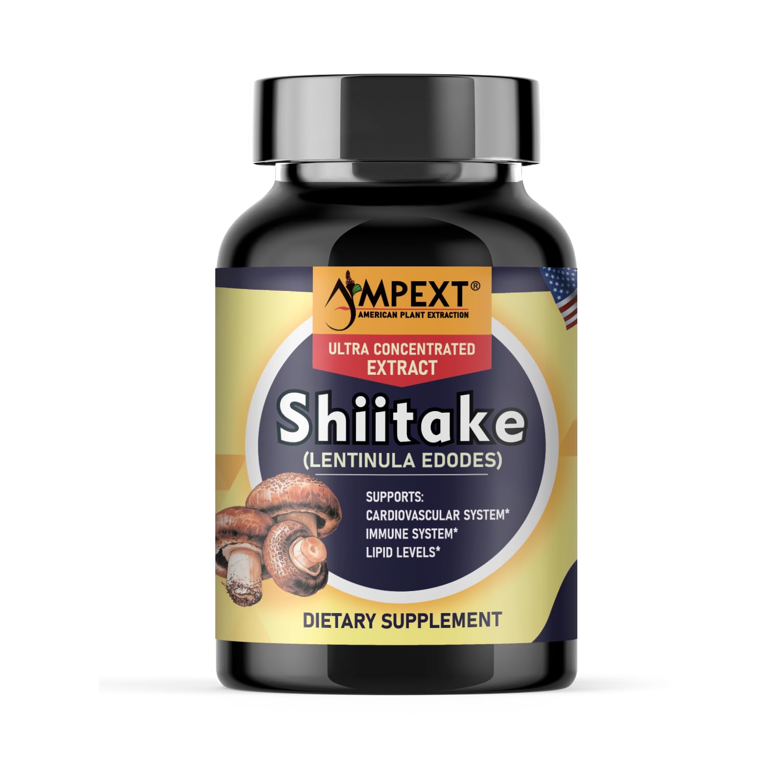 AMPEXT Shiitake Mushroom Extract - Premium Quality, Only Fruiting Bodies, Rich in Beta-Glucans, Vitamins & Minerals, Antioxidant Activity, Manages Lipid Profile, Supports Heart, 90 Veg Caps.