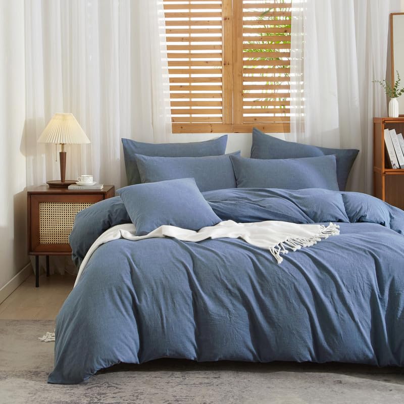 Gezu Housse de Couette Coton Lin 220x240 Bleu Parure de Lit 100% Naturel Lin Coton Doux Respirant Linge de Lit 2 Personnes avec Fermeture Éclair et Taies d'oreiller 65x65 cm