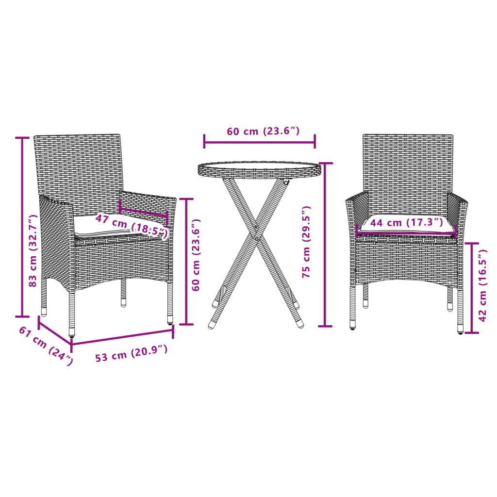 ShGaxin Tavolino e sedie con Cuscini 3 pezzi rattan sintetico Vetro Nero, Set Tavolo E Sedie Giardino, Tavolo E Sedie Terrazza, Mobili da Giardino Esterno, Set Di Mobili Da Giardino - 3278747
