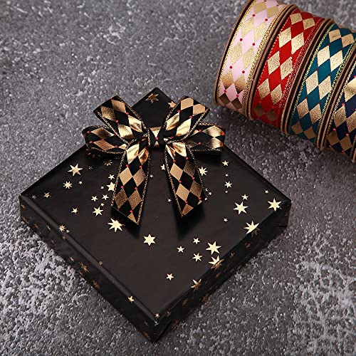 Meseey Diamond Checkered Ribbon 10 Yards 5/8 Inch Wide Black Satin Ribbons With Gold Printed Gift Ribbon For Birthday Gift Wrapping Craft Hair Bows Mardi Gras Party Supplies #TOP4