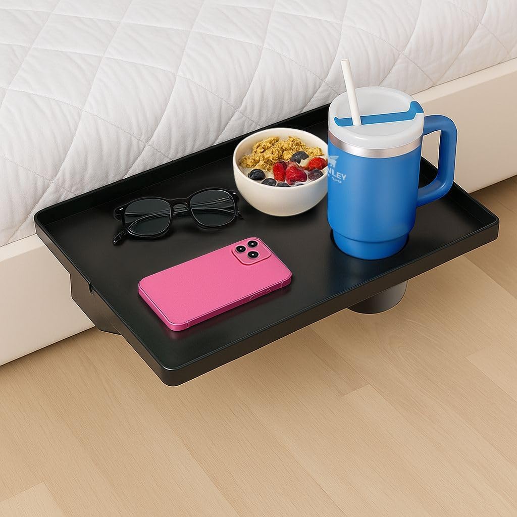Modern Innovations 2 Count Bedside Organizer for Bed – Clip On Tray with Cup & Cord Holder – for College Dorm, Top Bunk, or Kids Bedroom (Black)