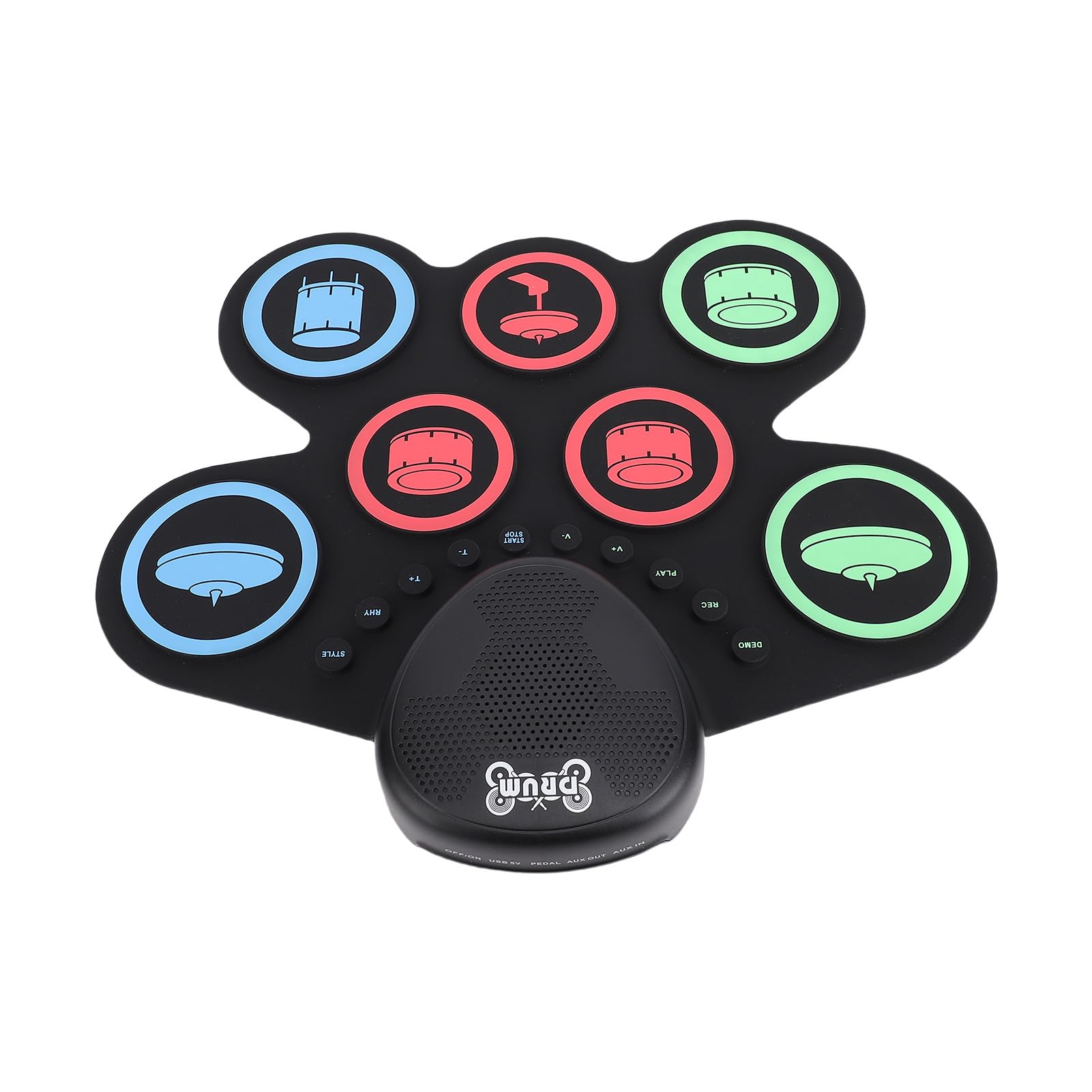 Batería Electrónica con Doble Altavoz, Pad Enrollable, 7 Pads, Kit de Práctica, Recargable, Baquetas, Pedal, para Principiantes, 37,1 X 34,5 cm.
