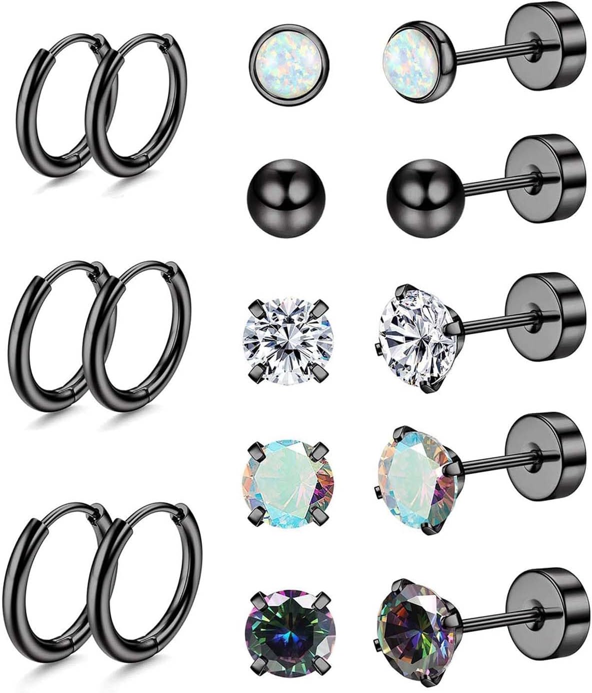 Surgical Steel Earrings for Sensitive Ears Hypoallergenic 20G Stainless Steel Stud Hoop Earrings for Women Men Small Opal Ball CZ Surgical Steel Flat Back Earrings Cartilage Earrings Hoop Stud