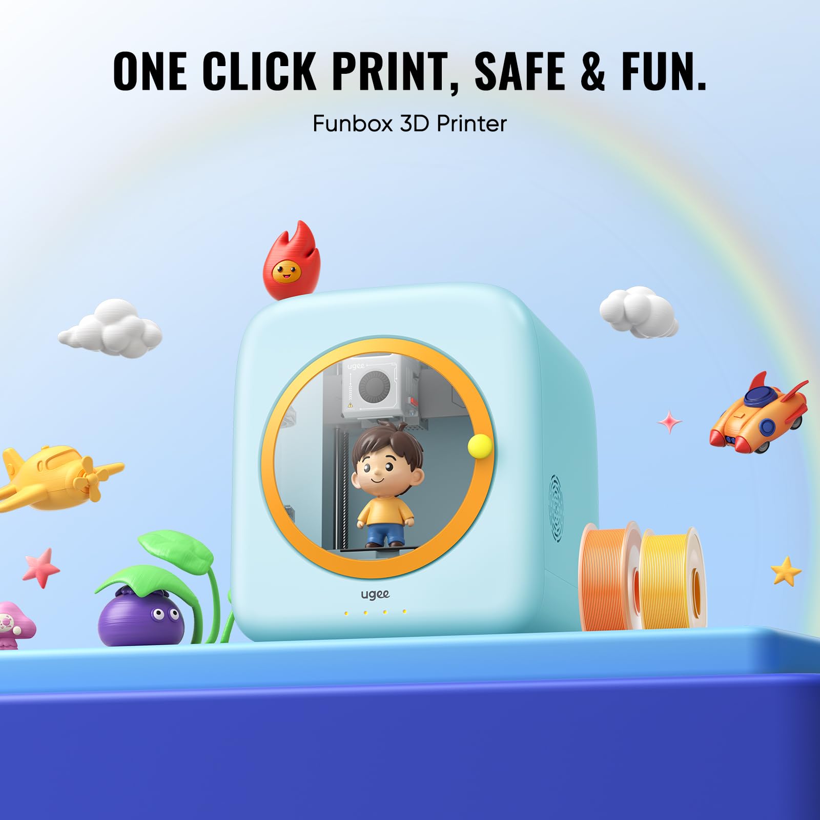 ugee Funbox - Impresora 3D para niños, filtro de aire seguro para el hogar, modelado de voz/fotos IA, impresión de aplicación de un solo toque, antiquemaduras, divertido fabricante educativo para
