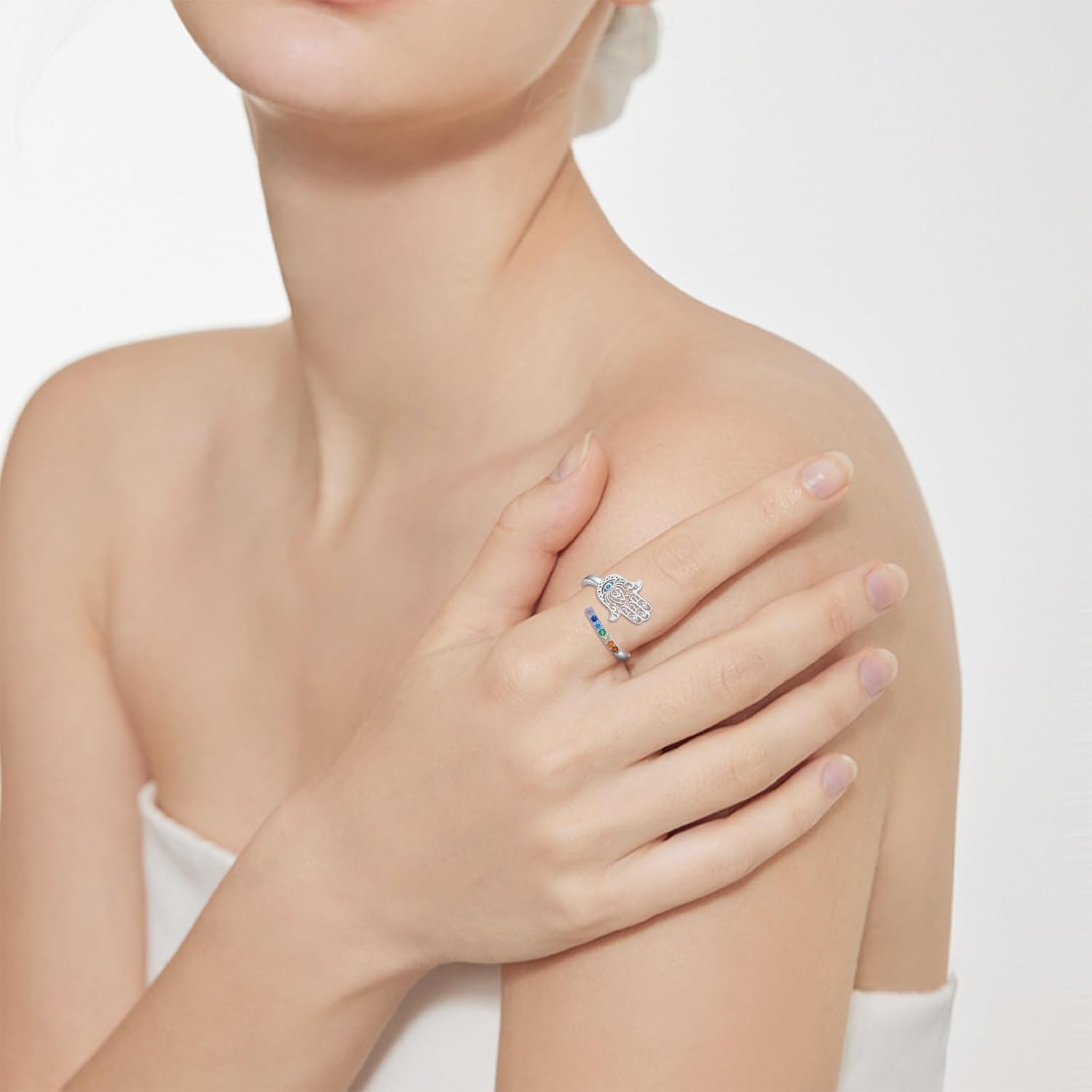 Hamsa Chakra Rings 925 Sterling Silver Hamsa Hand Chakra Adjustable Open Ring Hand of Fatima Jewelry Christmas Gifts for Women - Image 5