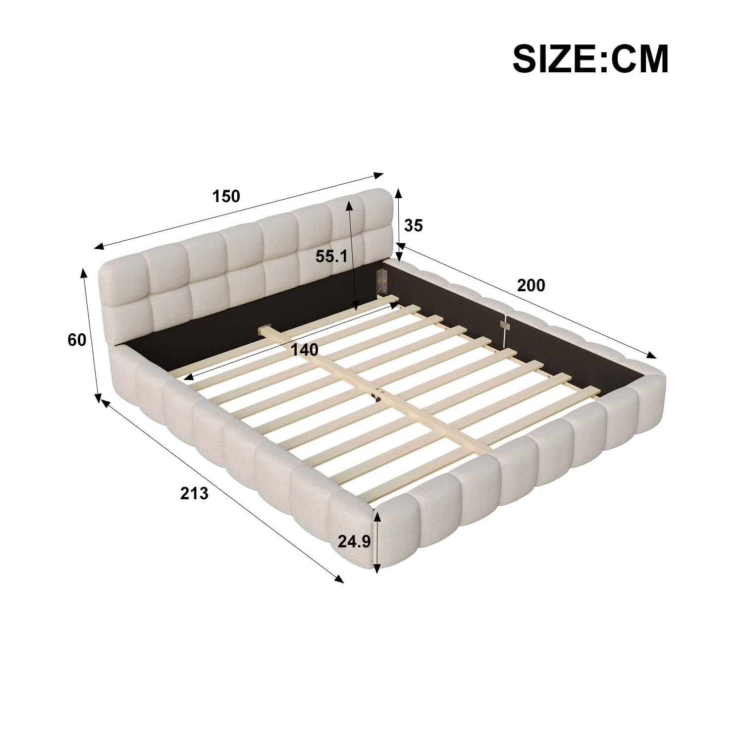 Polsterbett Bubble Bett 140x200, Doppelbett Polsterbett 140x200 Beige, Jugendbett Flachbett Gästebett Bettgestell Mit Lattenrost Und Kopfteil, Leinen, Ohne Matratze (Beige, 140x200cm)