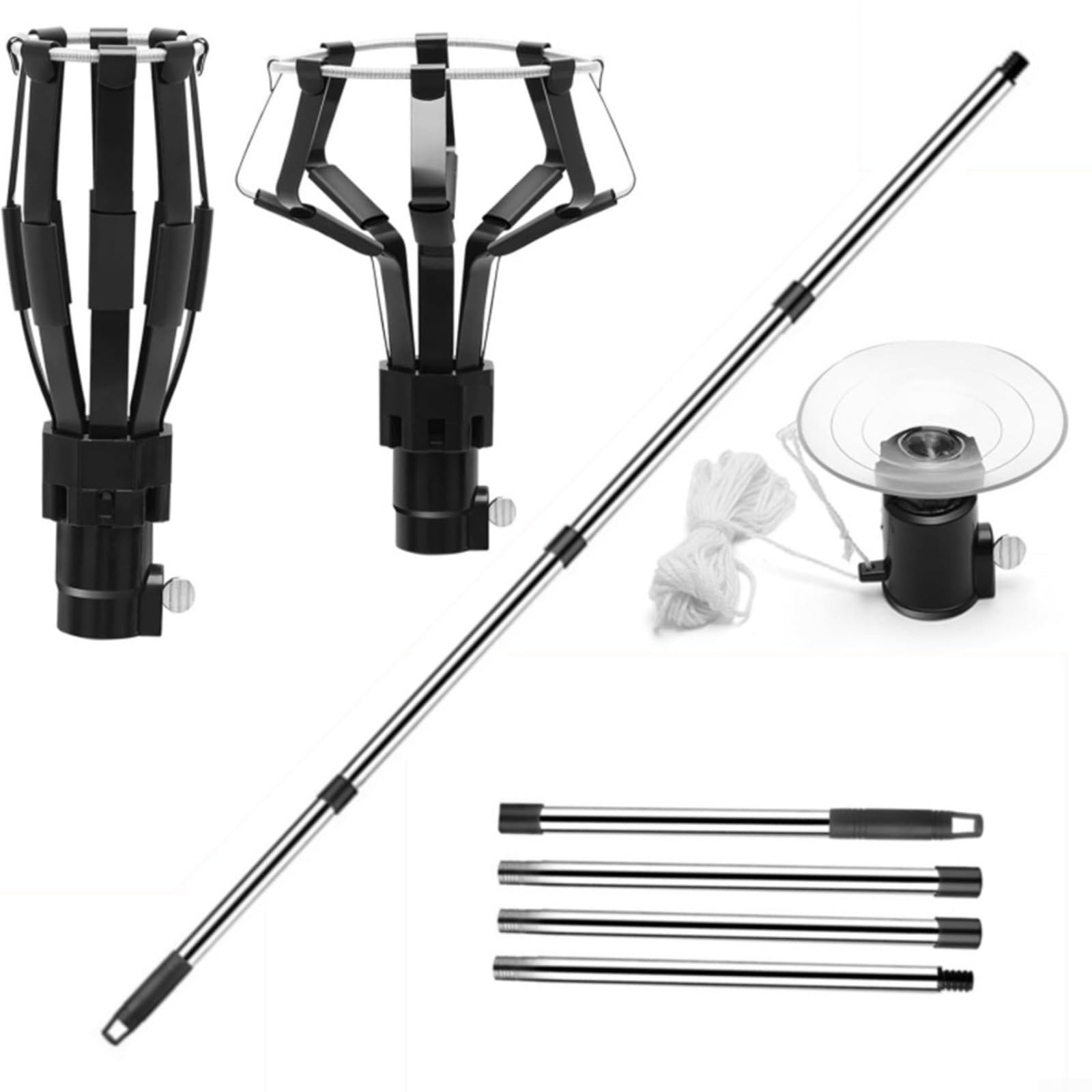 Strumento per cambiare lampadina con 3 teste, asta estensibile in acciaio inossidabile per soffitti alti, kit di rimozione della lampada per interni ed esterni, regolabile 150-360 cm (asta a
